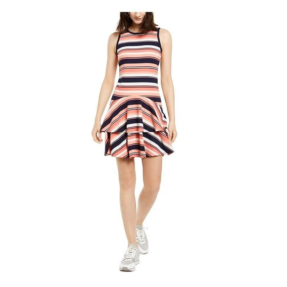 Michael Kors Drop Waist Dress Size XL Pink Blue Stripe Flounce Ruffle Preppy Y2K - Picture 1 of 9